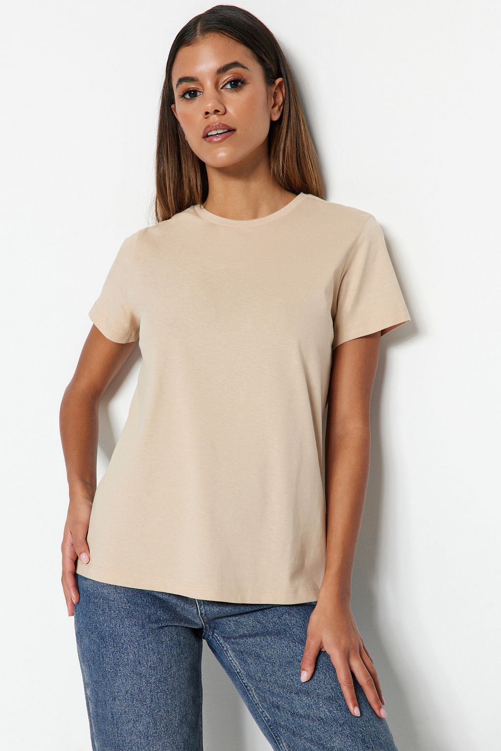 Kahverengi-Bej-Haki Cizgili 3lu Paket Basic Bisiklet Yaka Orme T-Shirt TWOSS20TS0146