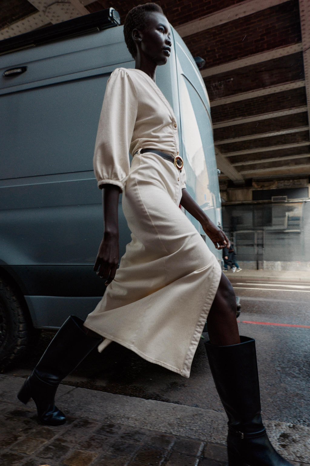 MIDI DRESS WITH PUFF SLEEVES AND BELT