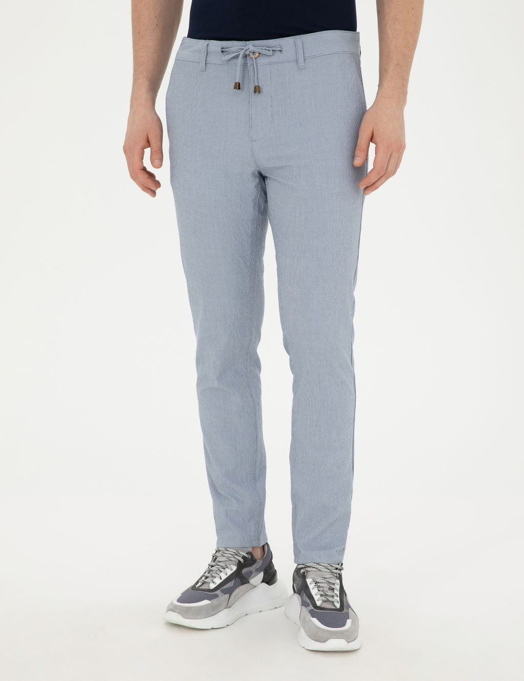 A__k Mavi Slim Fit Gofre Ba_c_kl_ Kanvas Pantolon