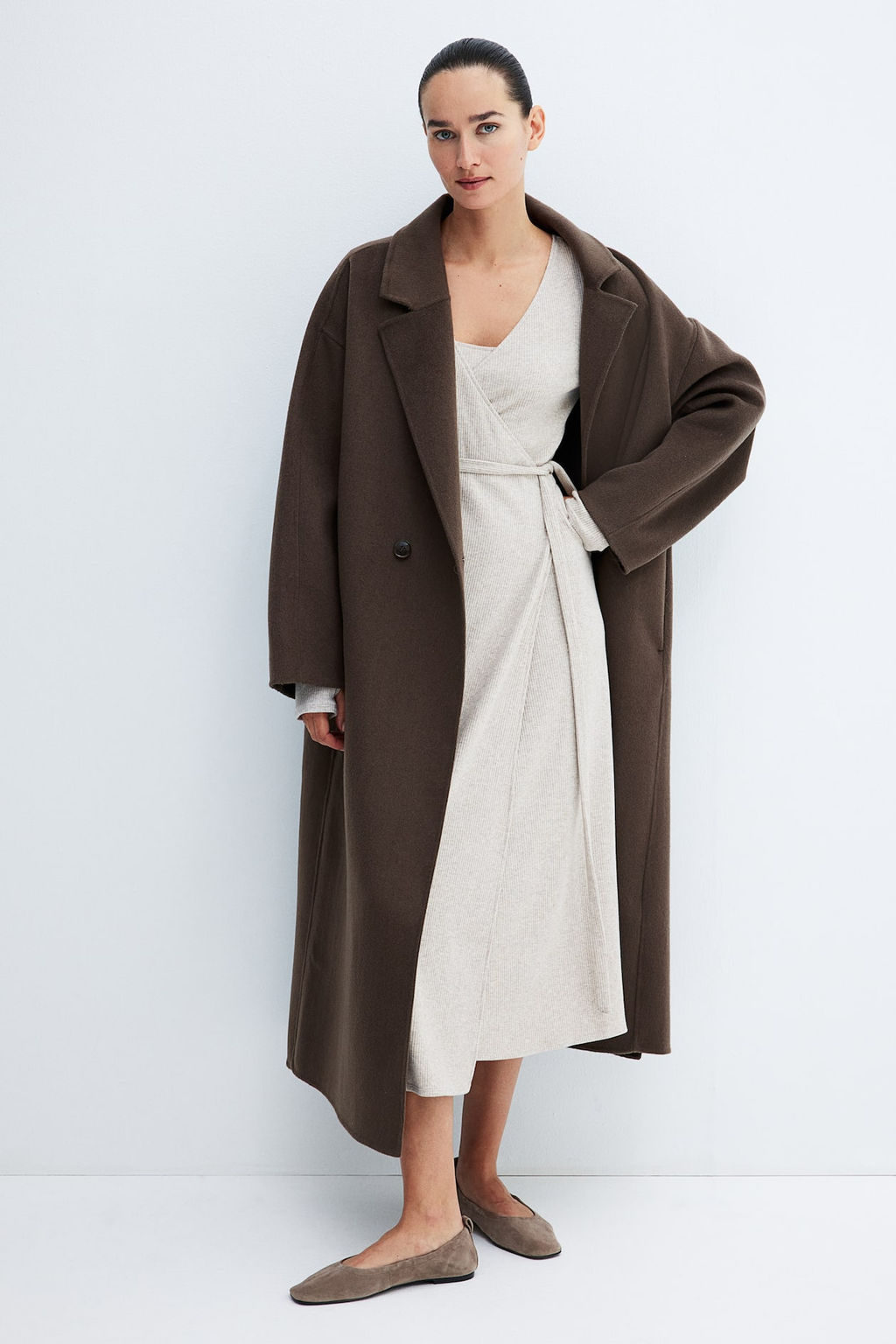 Wrap dress with wool coat and snakeskin boots