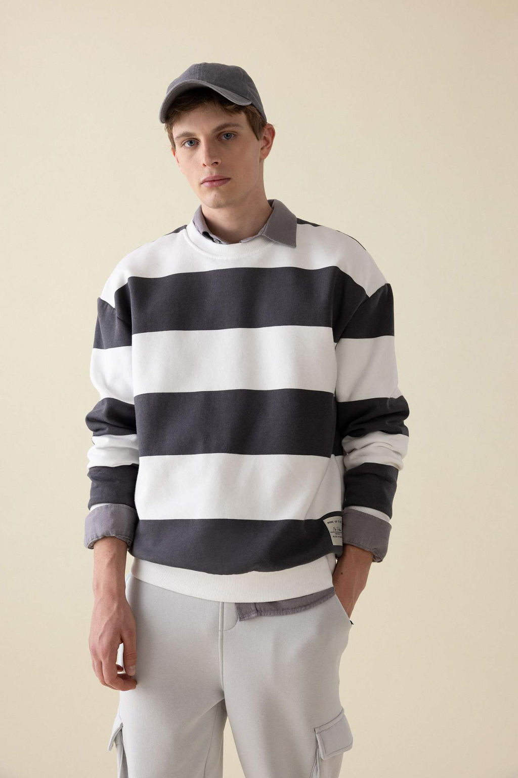 Boxy Fit Bisiklet Yaka Cizgili Sweatshirt - Defacto фото 2