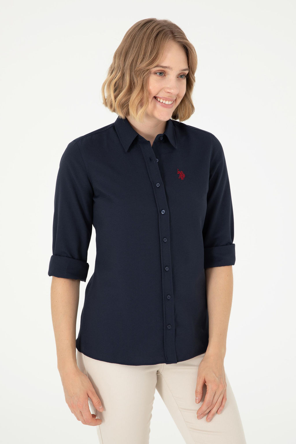 Женская базовая рубашка темно-синего цвета с длинным рукавом - U.s. polo assn фото 10