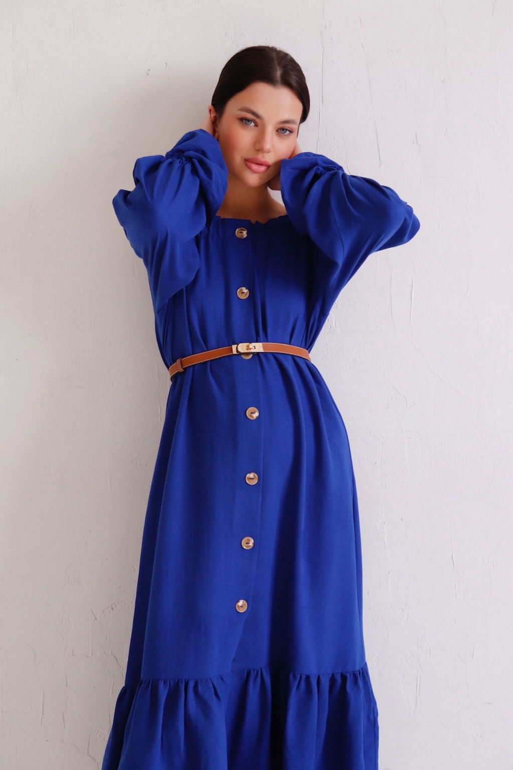 Длинное платье с открытыми плечами синее - Martichelli фото 10