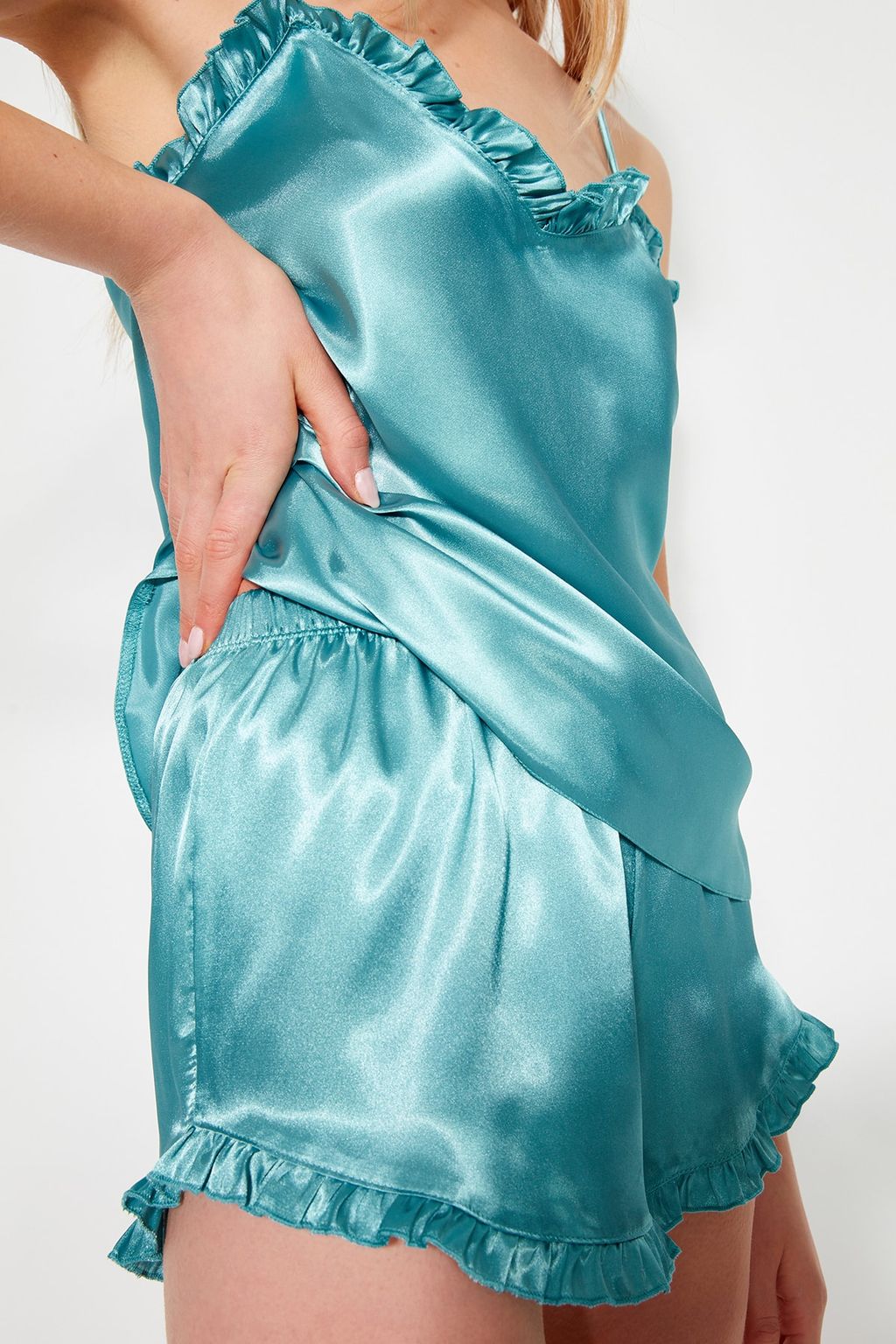 Trendyolmilla Lacivert F?rf?rl? Ip Ask?l? Saten Sortlu Dokuma Pijama Tak?m? THMSS22PT0274  фото 4