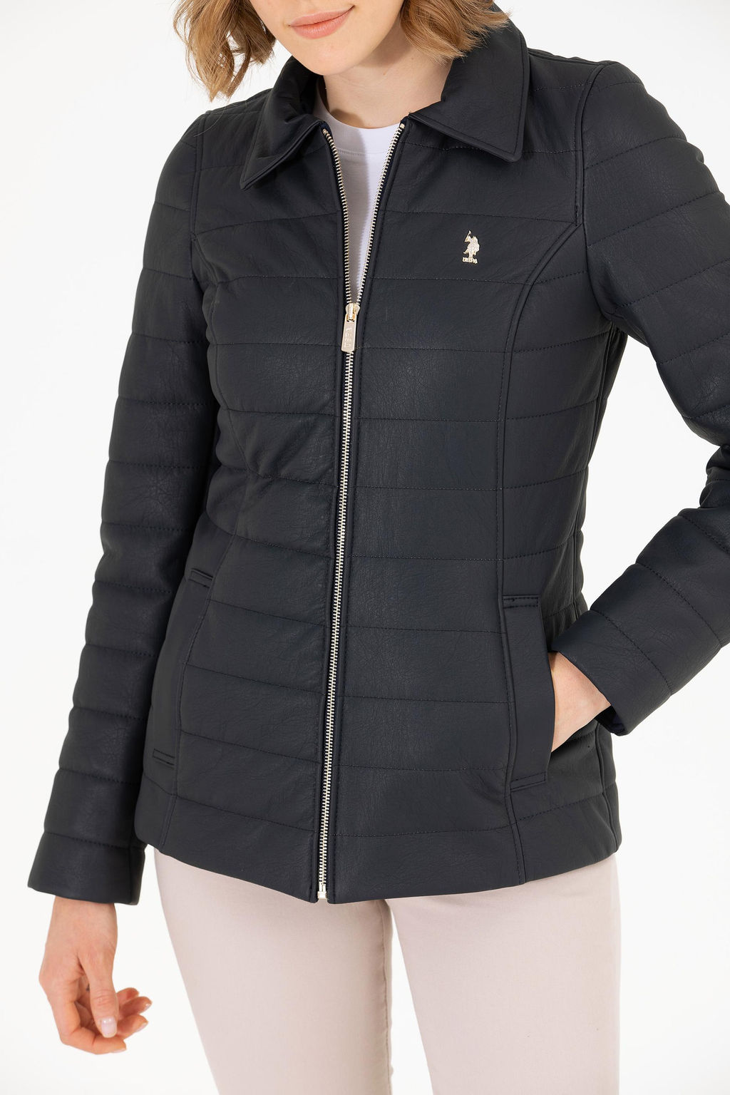 Женская темно-синяя кожаная куртка - U.s. polo assn фото 6