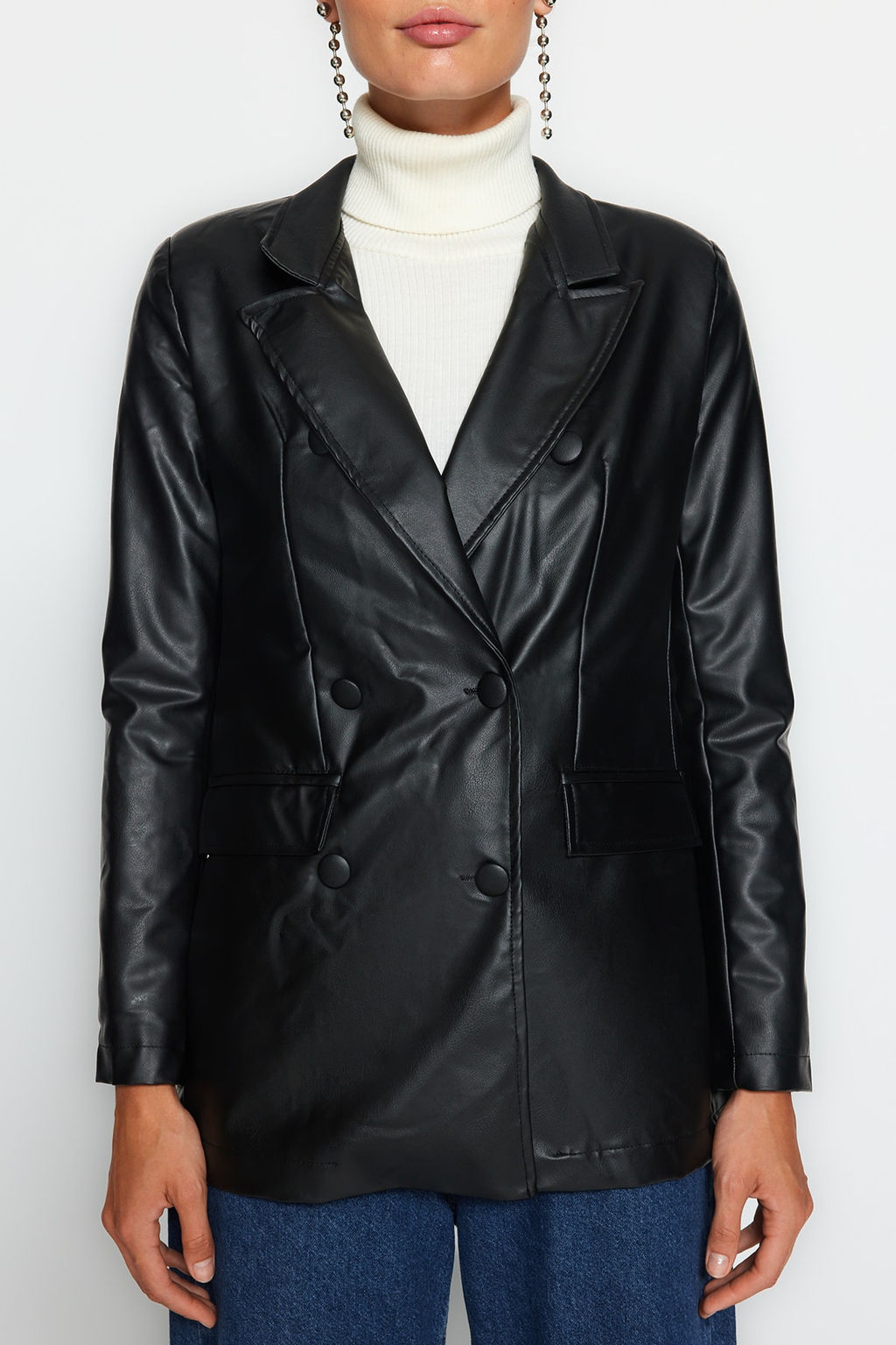 Trendyolmilla Fusya Suni Deri Kruvaze Kapama Astarl? Dokuma Blazer Ceket TWOAW21CE0156