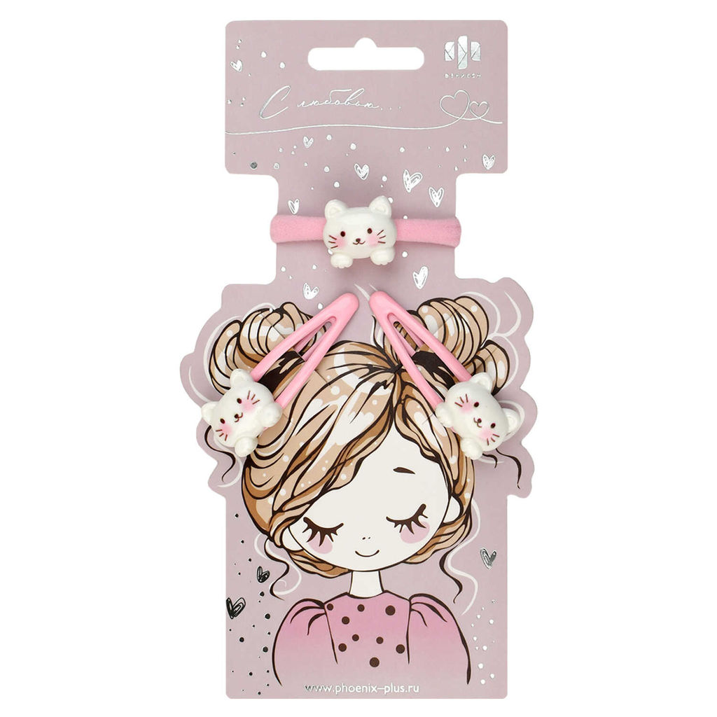 Набор аксессуаров для волос арт. 71759 / 10 КОТИКИ (1 резинка, 2 заколки в наборе, заколки: клик-кл