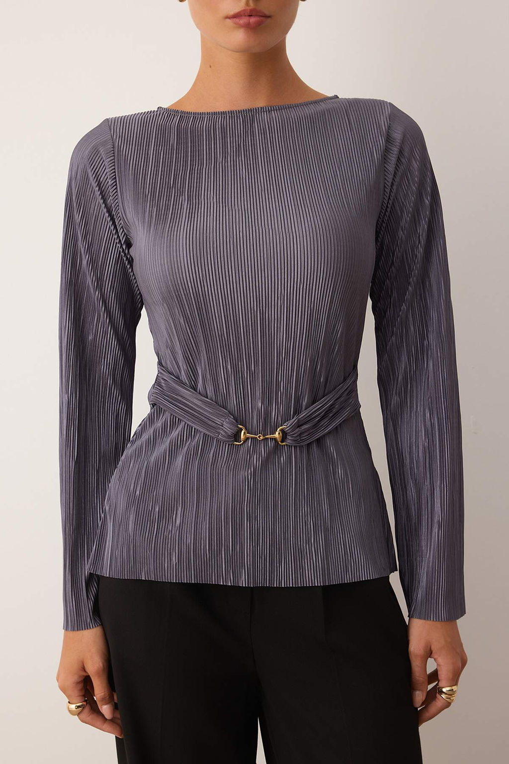 Antrasit Fitted/Vucuda Oturan Aksesuar Detayl? Pilise Dik Yaka Esnek Orme Bluz TWOAW26BZ00112 - Trendyolmilla фото 3