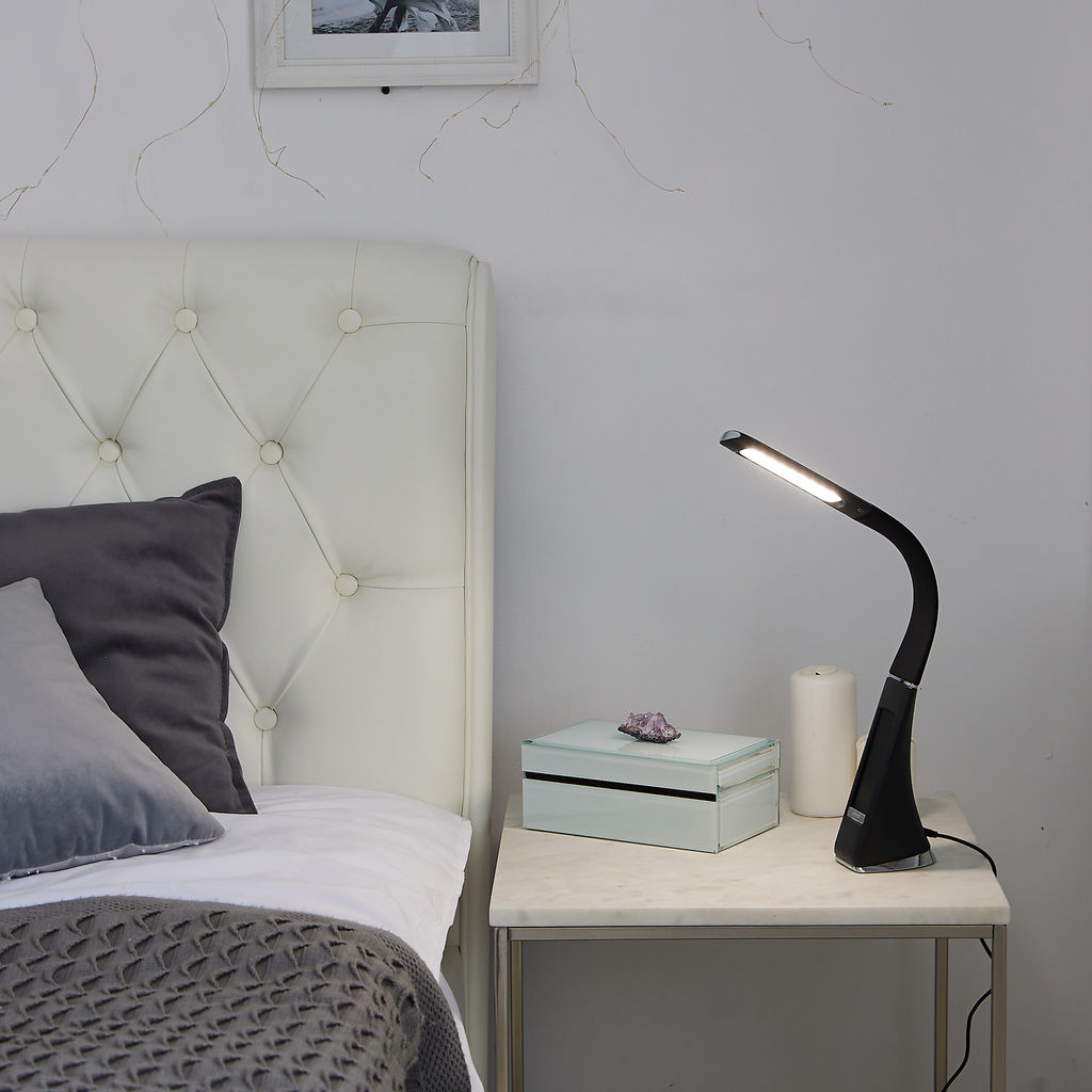 TLD-542 Black/LED/300Lm/5000K/Dimmer Светильник настольный c часами, календарем, термометром, 5W. Сенсорный выключатель. Черный (стилизован под кожу). TM Uniel.