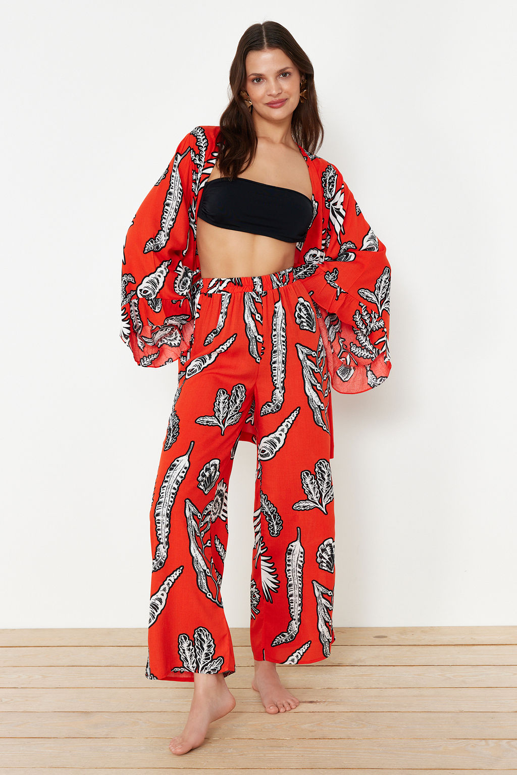 TRENDYOLMILLA Cicek Desenli Dokuma Plaj Pantolon TBESS24PL00021 фото 7