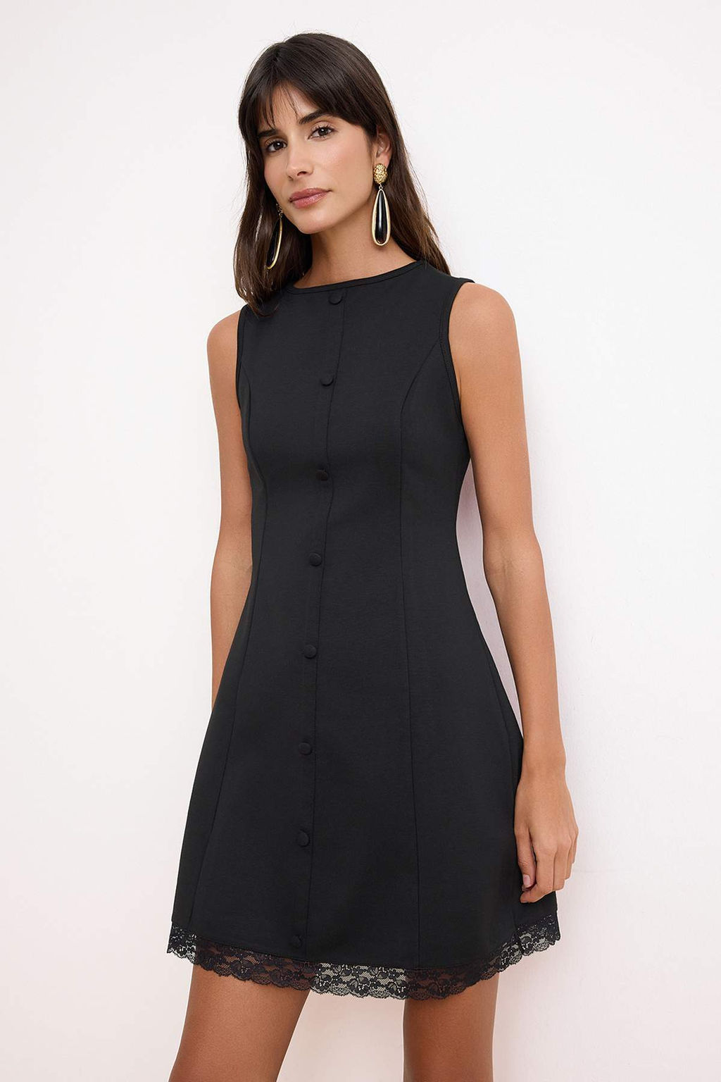 Siyah A-Kesim/Can Form Kay?k Yaka Kolsuz Dantel Detayl? Mini Interlok Orme Elbise TWOSS26EL00253
