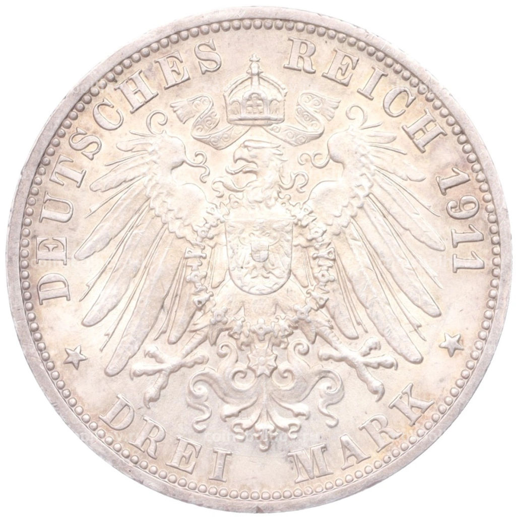 3 марки 1911 года F Германия (Вюртемберг) 25 лет свадьбе Вильгельма II и Шарлотты