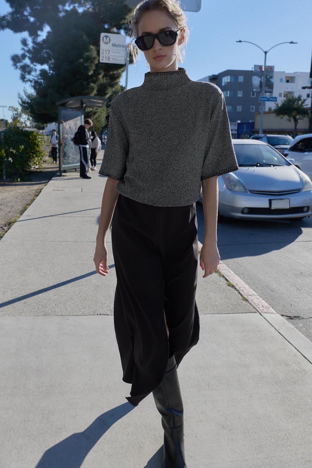 VESTIDO MIDI COMBINADO / Gris medio