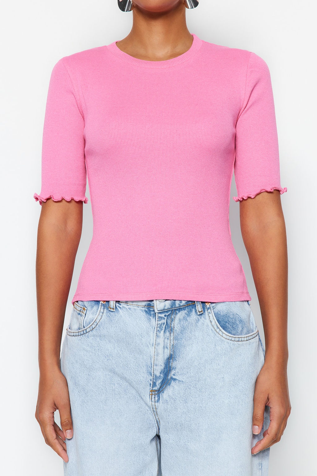 Pembe Fitilli Fitted/Vucuda Oturan Bisiklet Yaka Esnek Orme Bluz TWOSS23BZ00025