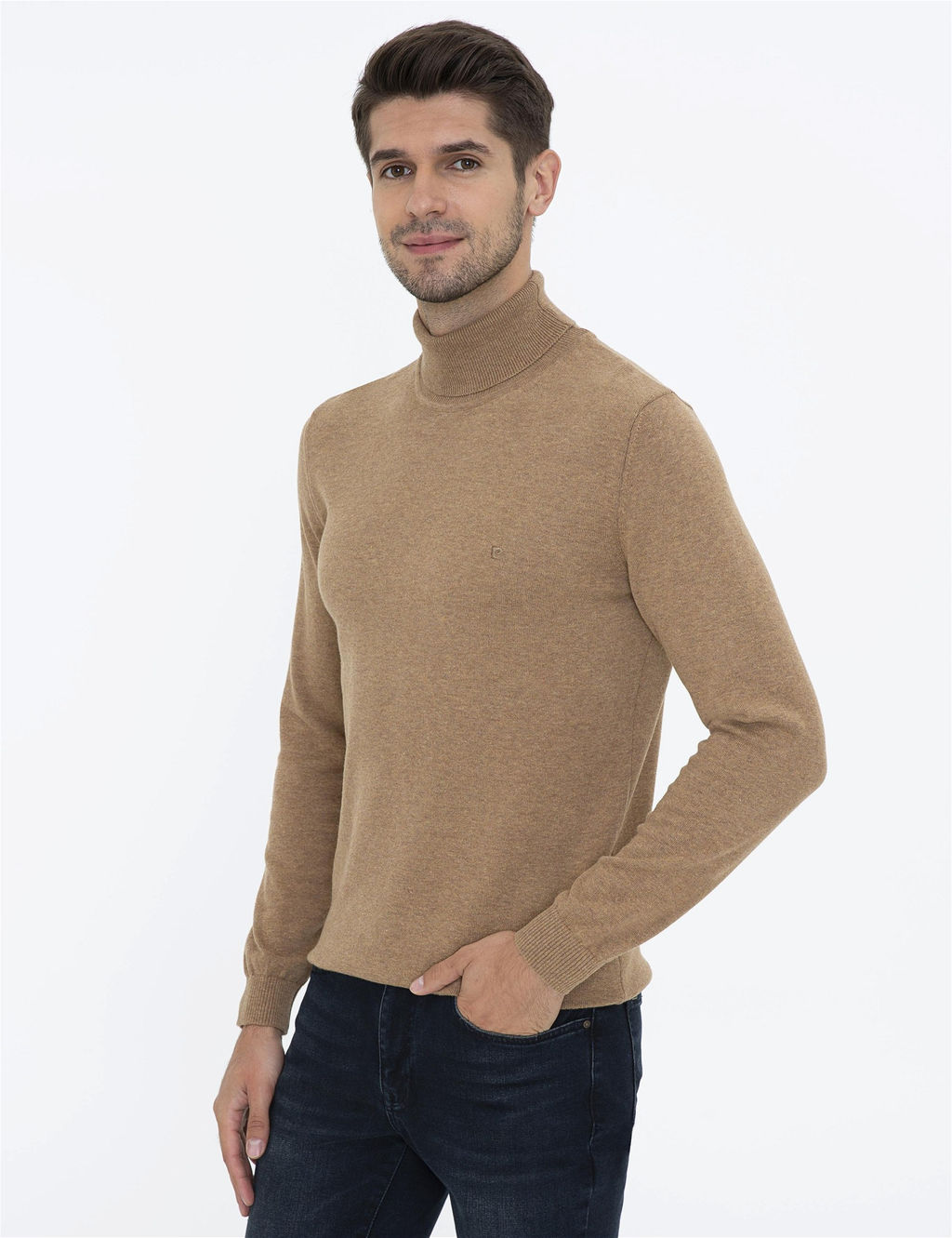 Camel Melanj Slim Fit Bal_k__ Yaka Basic Triko Kazak