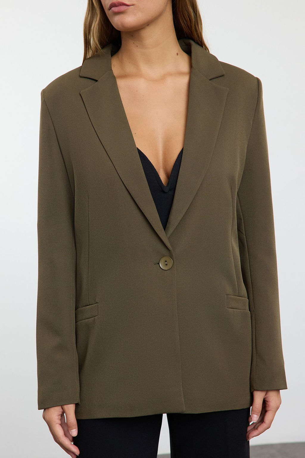 Koyu Haki Regular Astar Detayl? Dokuma Blazer Ceket TWOAW20CE0316