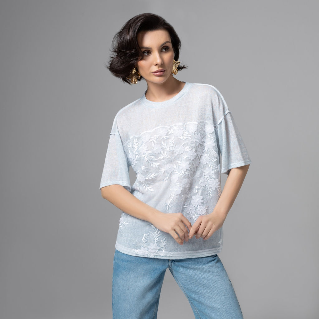 Футболка с объемным декором, Буду тебе сниться (голубой меланж) - Charutti фото 26