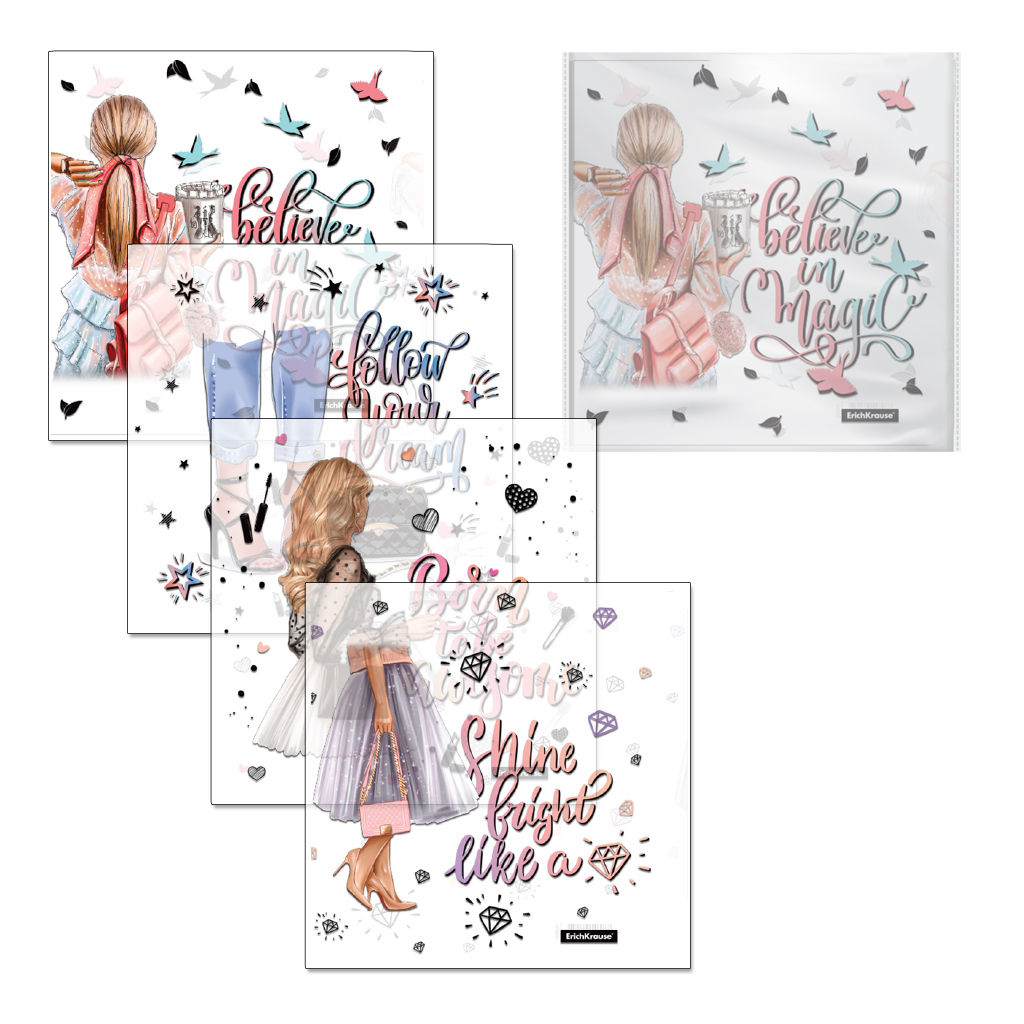 Цена за 1 шт. Набор пласт. обложек ErichKrause® Fashion Girls для учебников, с клеевым краем и клапаном в край, 232х440мм, 80 мкм, ассорти (пакет 12 шт.)