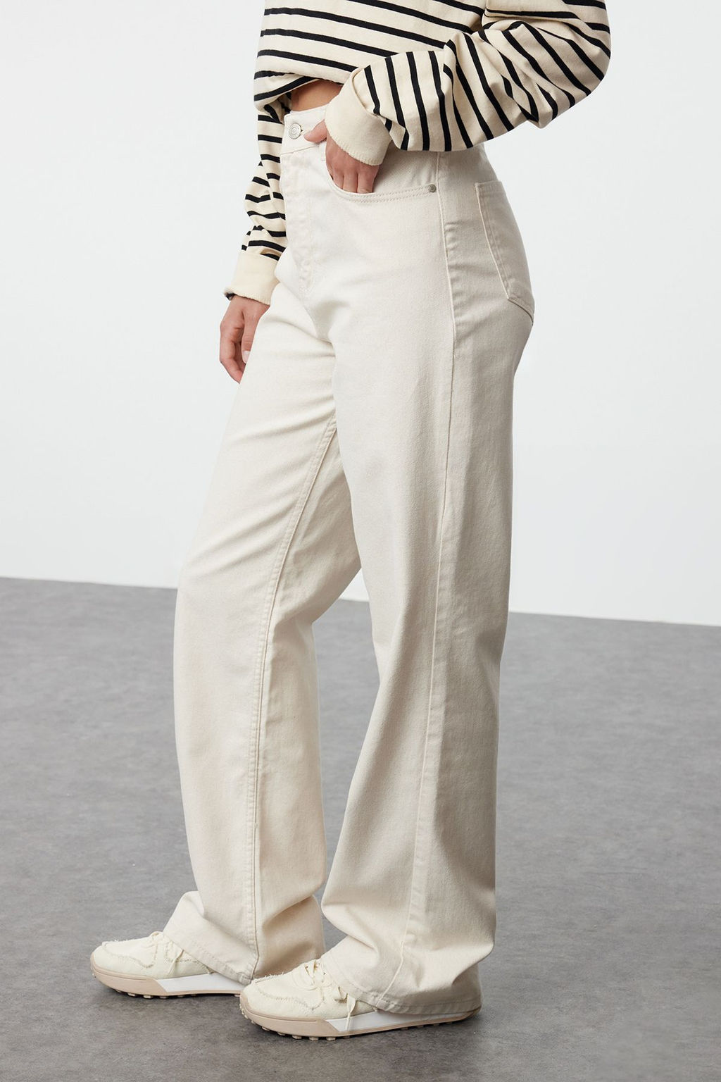 Ekru Bel Detayl? Yuksek Bel Wide Leg Pantolon TWOAW25JE00039 - Trendyolmilla фото 4