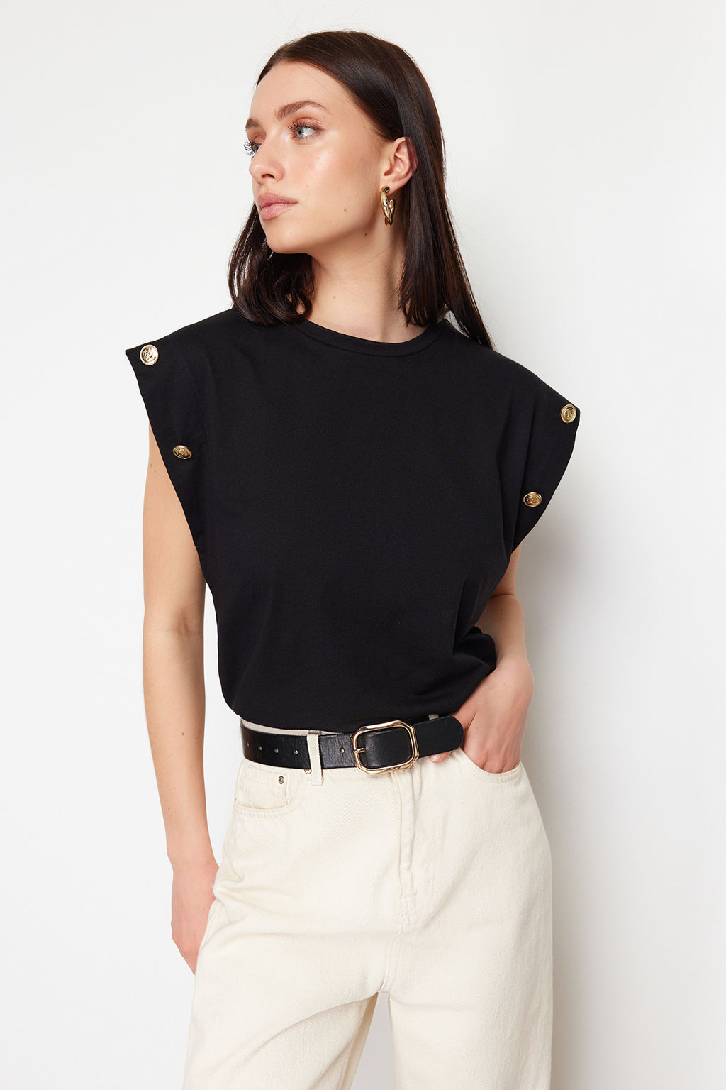 TRENDYOLMILLA Lacivert %100 Pamuk Dugme Detayl? Vatka Gorunumlu Basic Bisiklet Yaka Orme T-Shirt TWOSS23TS00016  фото 11