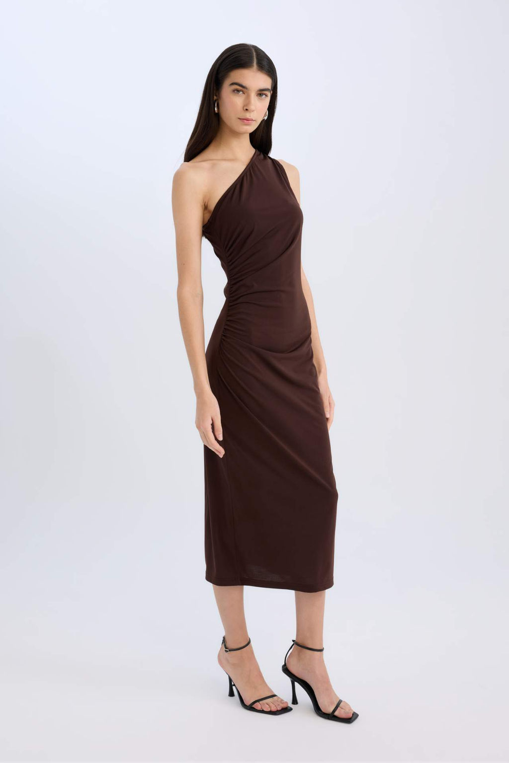 Bodycon Vucudu Saran Basic Duz Tek Omuzlu Bordo Midi Elbise - Defacto фото 2