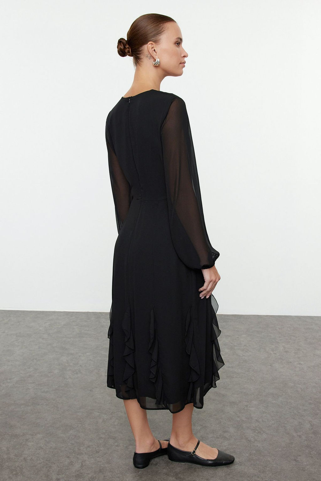 Trendyolmilla Siyah F?rf?rl? Sifon Midi Dokuma Elbise TWOAW25EL00383  фото 5