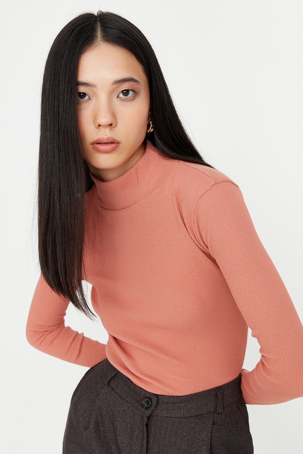 Gul Kurusu Fitted/Vucuda Oturan Dik Yaka Uzun Kol Fitilli Esnek Orme Bluz TWOAW21BZ0423