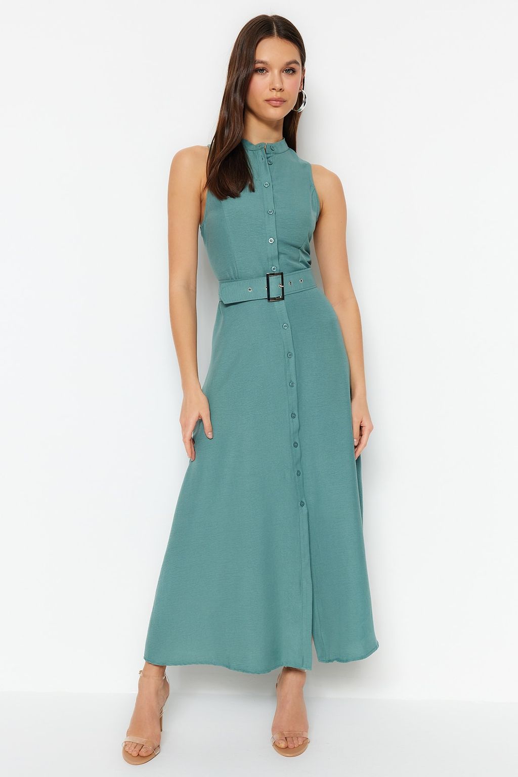 TRENDYOLMILLA Mint Kemerli Midi Dokuma Gomlek Elbise TWOSS23EL01628  фото 6