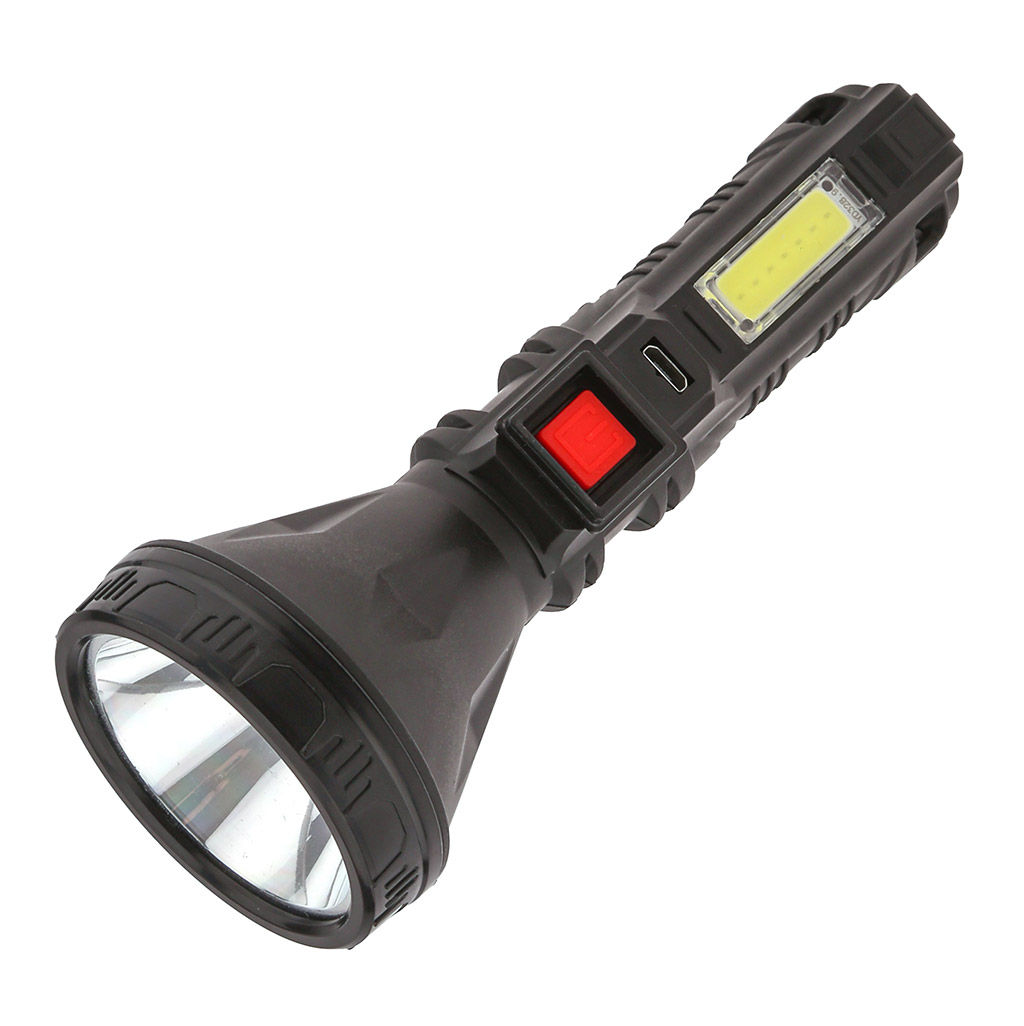 Фонарь ручной 14х5,8х5,8см, 4 режима свечения: максимальный; экономичный; сигнальный; боковой на панеле корпуса, две светодиодные лампы OSL/COB LED, встроенный аккумулятор емкостью 800 мАч, пластиковый корпус, цвет - черный, с USB зарядкой, USB-кабел