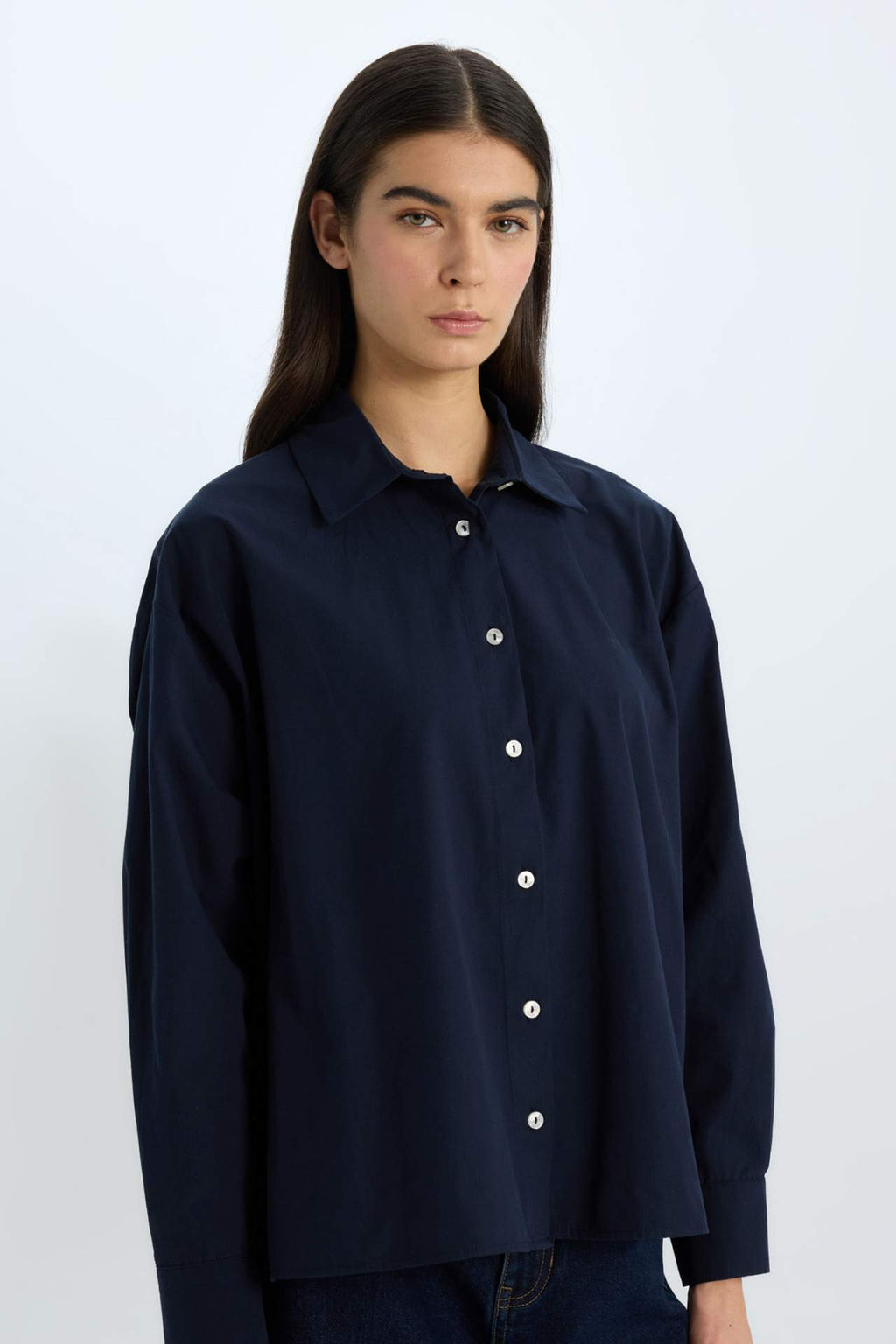 Oversize Genis Kal?p Poplin Basic Duz Uzun Kollu Gomlek - Defacto фото 5