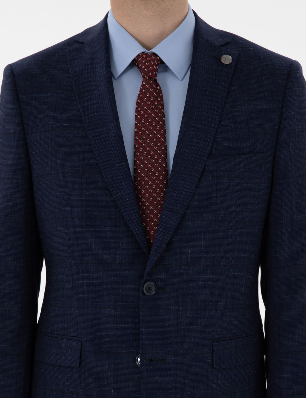 Lacivert Slim Fit Y_n Keten Kar___ml_ Tak_m Elbise