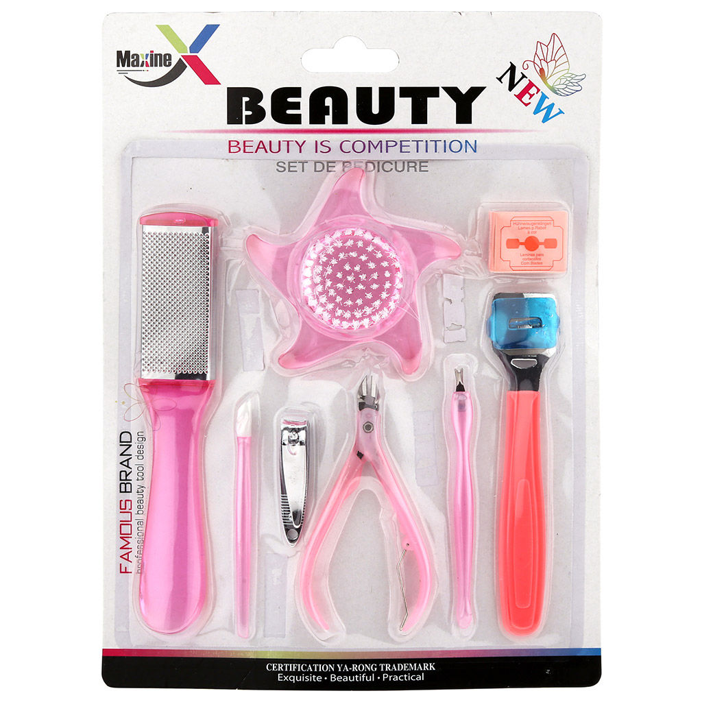 Педикюрный набор 8 предметов: кусачки-книпсер; терка двусторонняя: наждачная, металлическая; станок (скребок) с лезвием; сменные лезвия - 3 штуки; триммер; кусачки-щипчики; пушер-лопатка для кутикулы; щетка, цвета в ассортименте: розовый, голубой, в