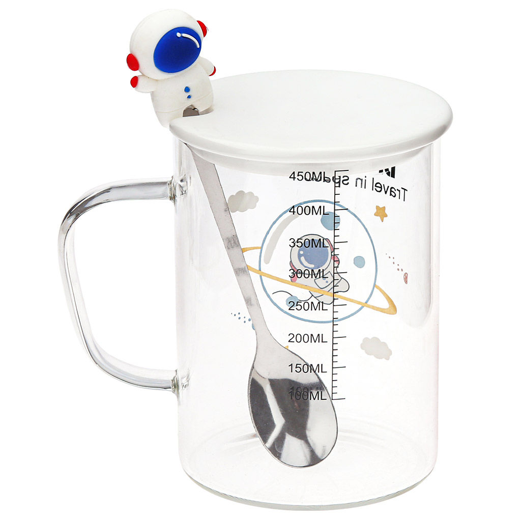 Кружка стеклянная Путешествие в космос 450мл, д8см h11см, д/основания 7,4см, тонкостенное стекло, деколь в ассортименте, фарфоровая крышка, ложка нерж. с декором 15см, с мерной шкалой, в подарочной коробке (Китай) - Домашняя мода фото 11