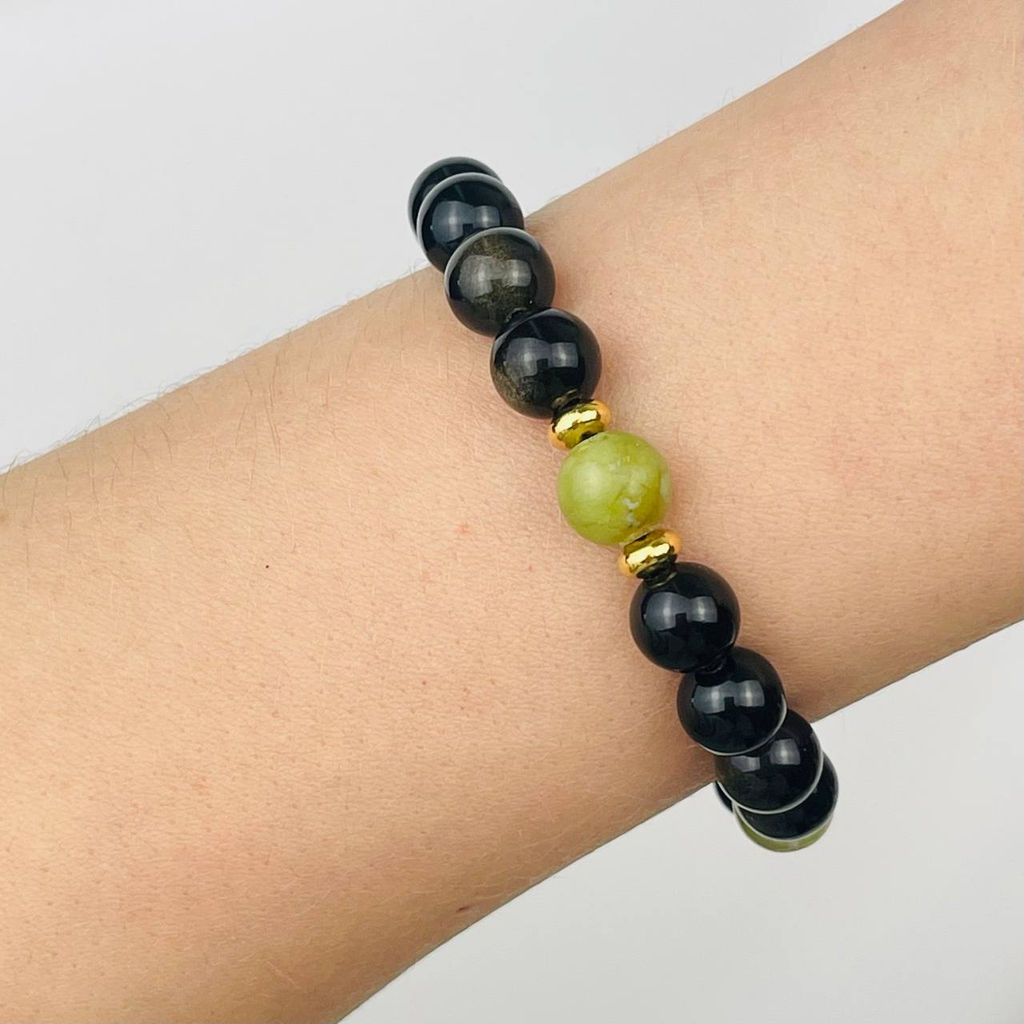 Браслет регулируемый из золотистого Обсидиана и Везувиана от 20 см
