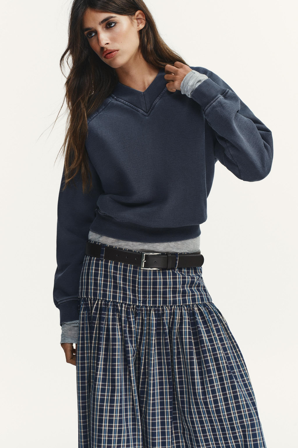 CHECKED MIDI SKIRT WITH BELT