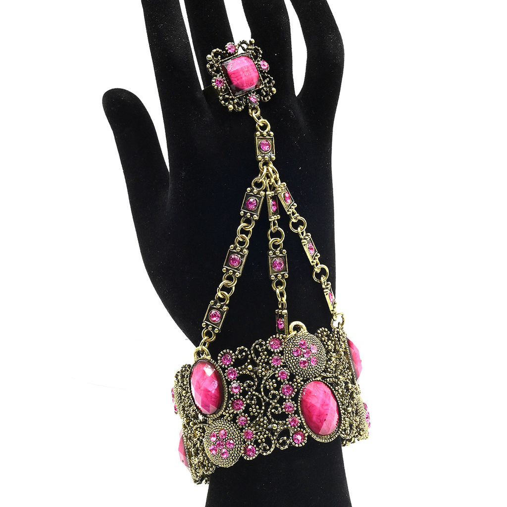 Браслет-слейв с цирконами и муранским стеклом цв.розовый