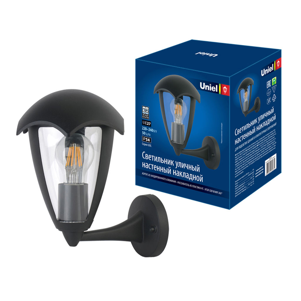 UUL-S80A 60W/E27 IP54 BLACK Светильник уличный, под лампу Е27. Архитектурный накладной. Корпус черный. TM Uniel