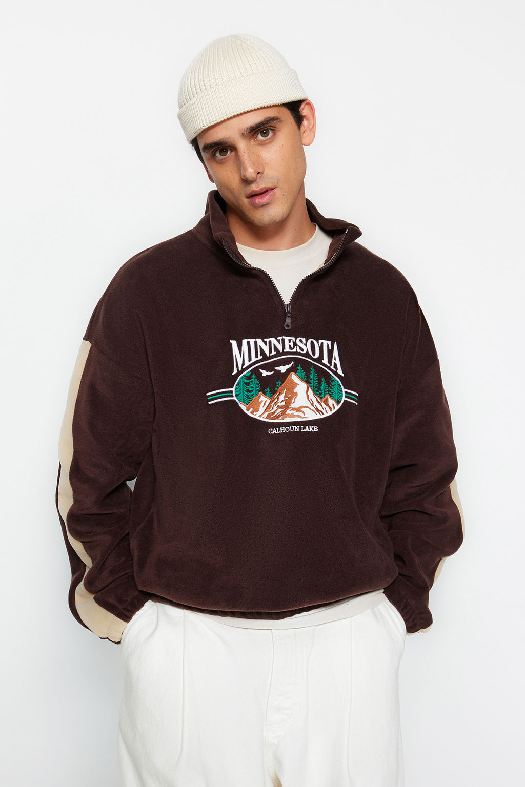 Kahverengi Unisex Oversize/Genis Kesim Dik Yaka Fermuar Anti-pilling Polar Sweatshirt TMNAW24SW00034