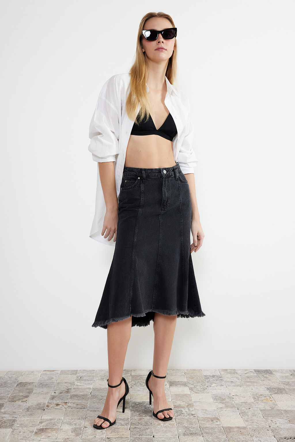 Antrasit Dikis Detayl? Asimetrik Yuksek Bel Midi Denim Etek TWOSS24ET00081 - Trendyolmilla фото 4