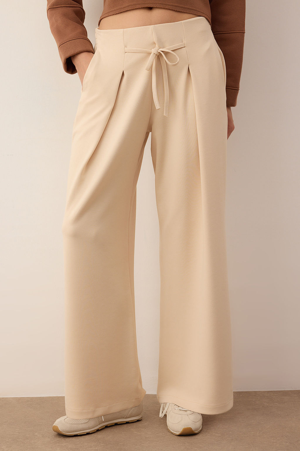 Lacivert Wide Leg Yumusak Kumasl? Pilili Esnek Orme Pantolon TWOAW26PL00138