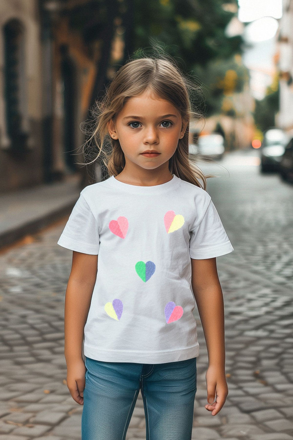 Beyaz K?z Cocuk %100 Pamuk Kalp Nak?sl? Regular/Normal Kal?p K?sa Kol Orme T-Shirt TKDSS24TS00005