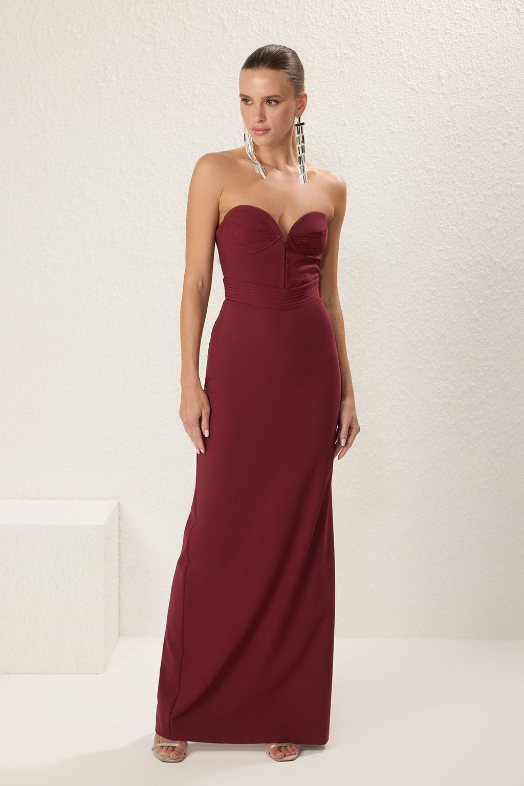 Bordo Straplez Dokuma Uzun S?k Abiye Gece Mezuiyet Elbisesi TPRSS25AE00098