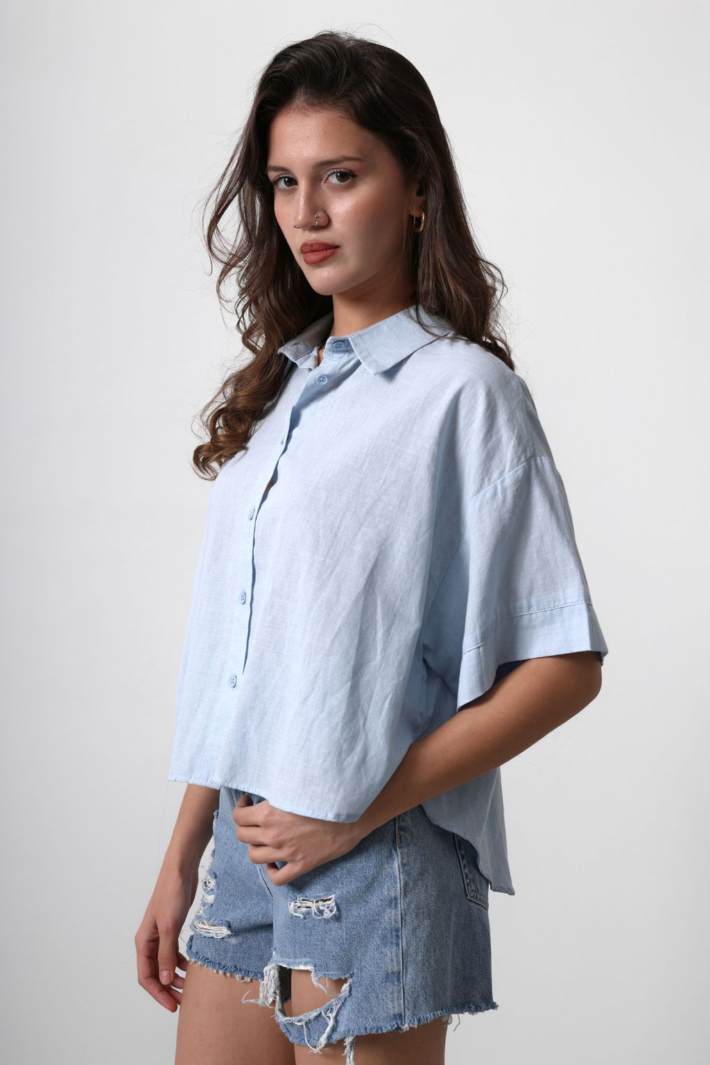 TRENDYOLMILLA Mavi K?sa Kollu Dusuk Kol Oversize Gomlek TWOSS25GO00055  фото 2