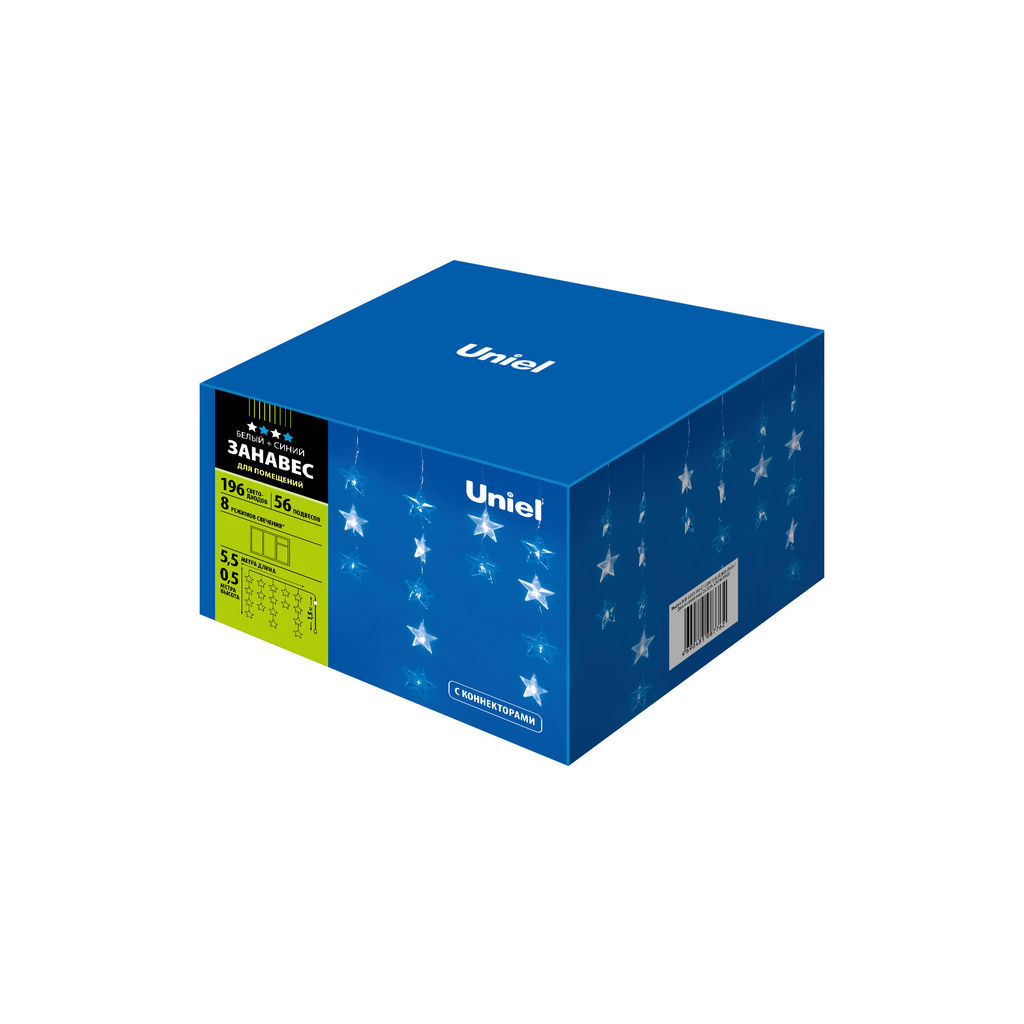 ULD-E5505-196/DTK WHITE-BLUE IP20 STARS-1 Занавес светодиодный фигурный Звёздочки-1, 5,5х 0,5м. 56 подвесов. 196 светодиодов. Белый и синий свет. Провод прозрачный. TM Uniel. - Volpe фото 4