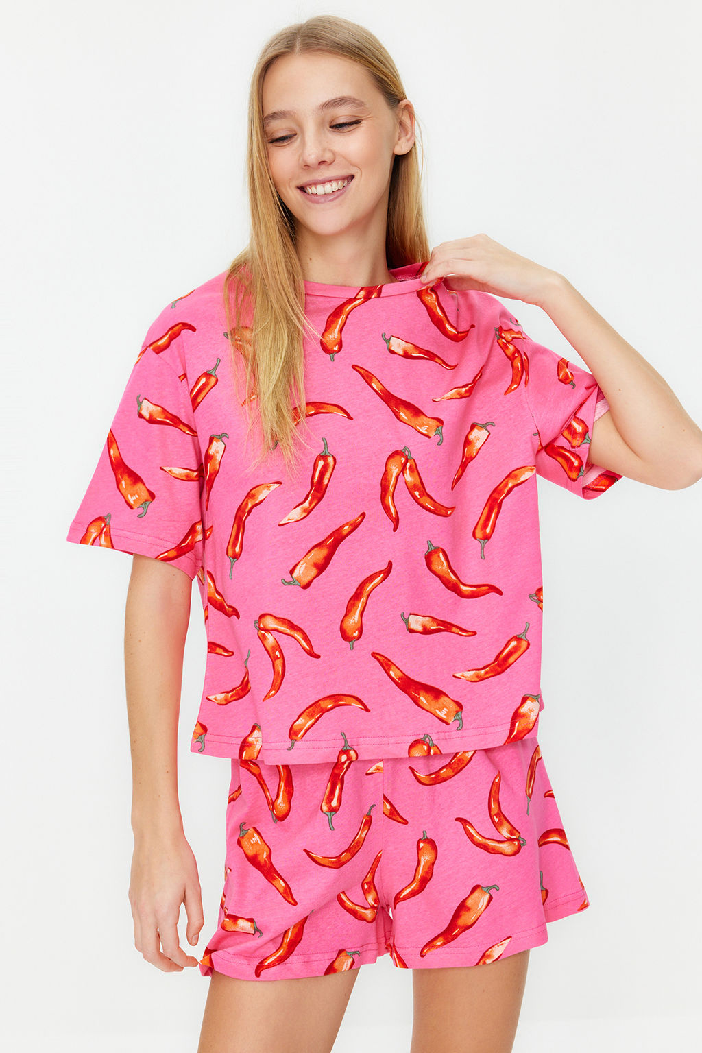 Pembe %100 Pamuklu Eglence Desenli Sortlu Orme Pijama Tak?m? THMSS24PT00002