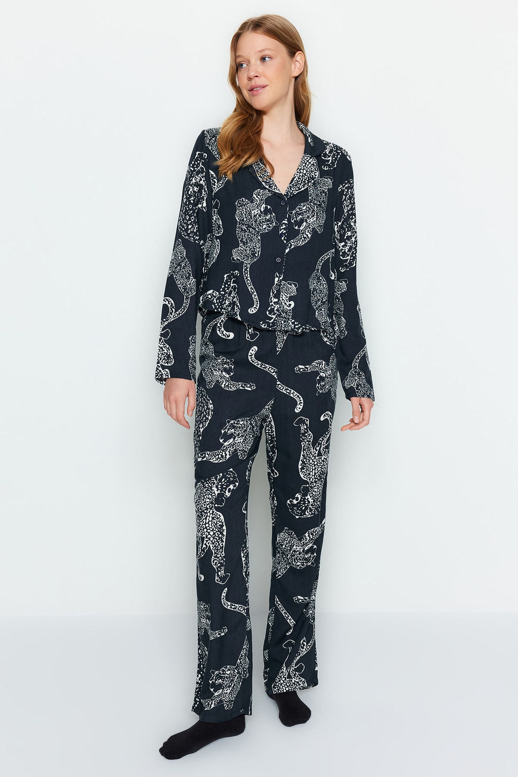 Trendyolmilla Antrasit Kaplan Desenli Viskon Dokuma Pijama Tak?m? THMAW24PT00092  фото 11