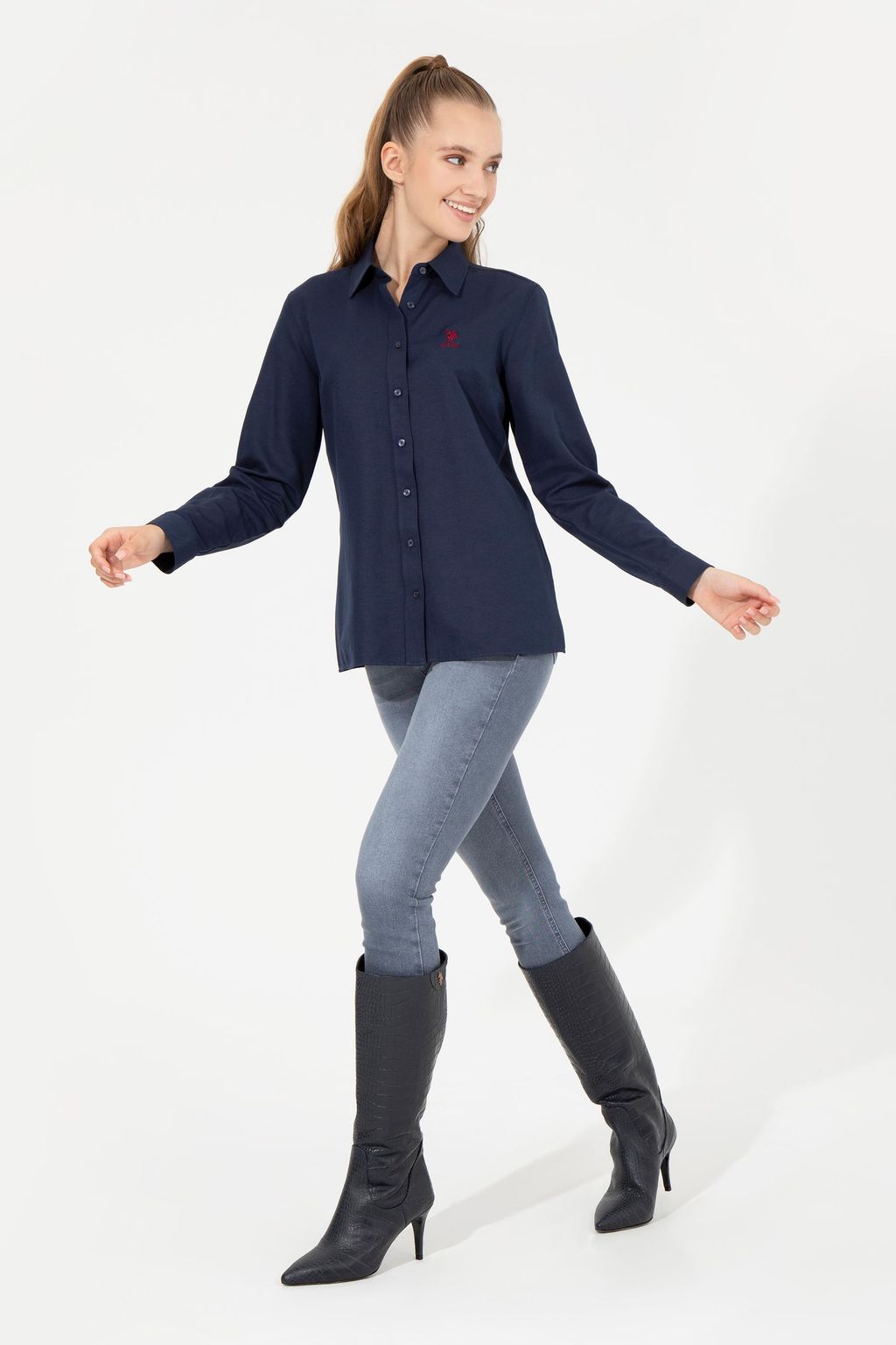 Женская темно-синяя рубашка с длинным рукавом, базовая - U.s. polo assn фото 4