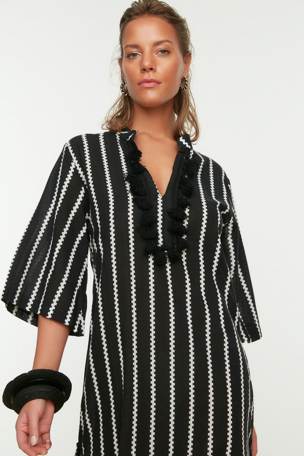 Siyah Cizgili Maxi Dokuma %100 Pamuk Puskullu Plaj Kimono&Kaftan TBESS20KM0024 - Trendyolmilla фото 3