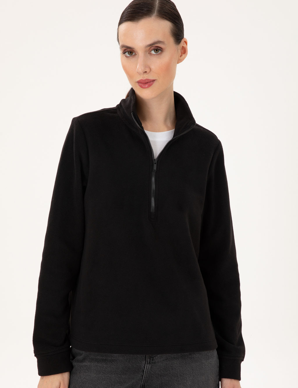 Siyah Comfort Fit Fermuarl_ Polar Sweatshirt