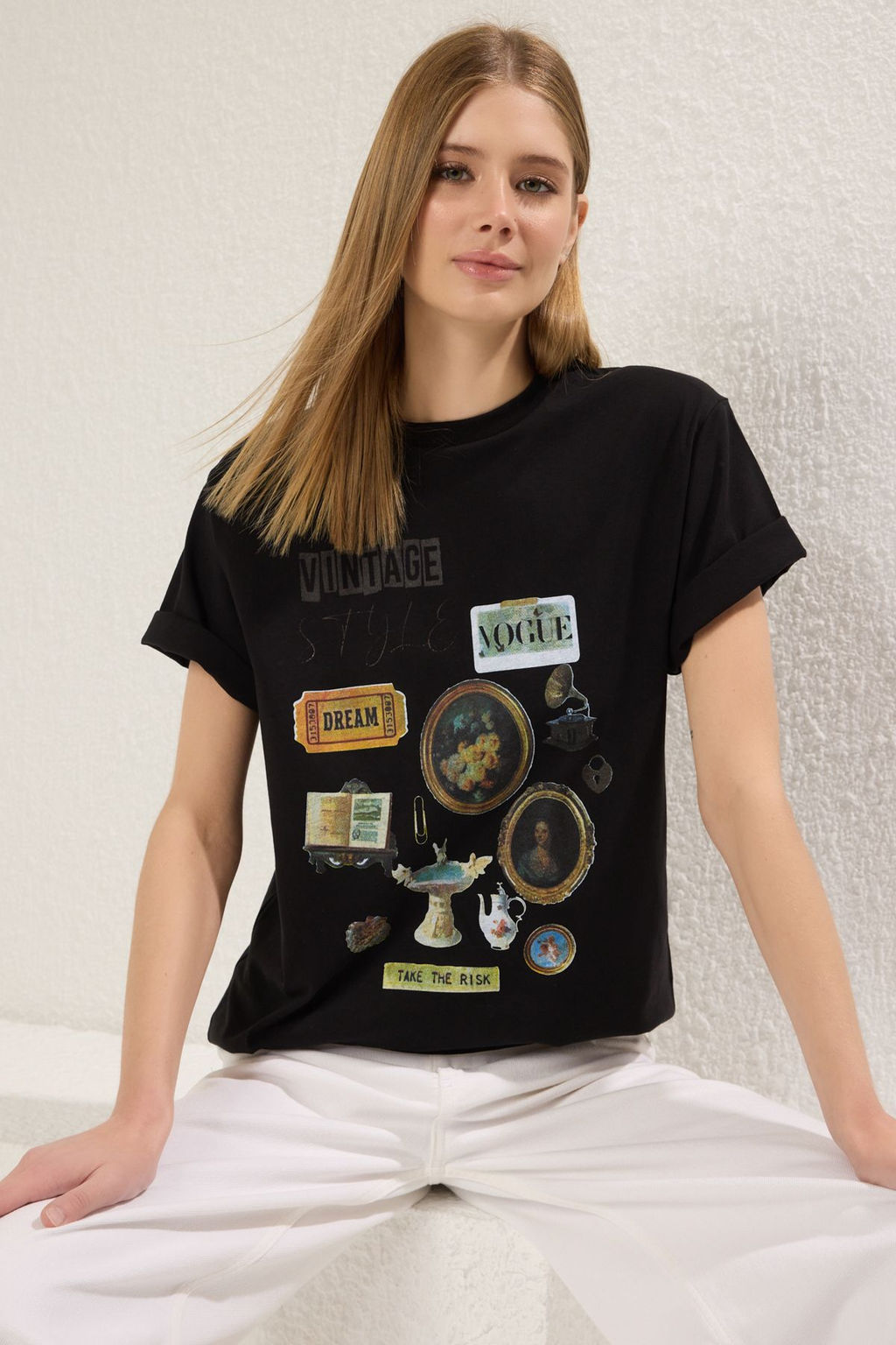 TRENDYOLMILLA Premium Siyah Melanj Bask?l? Oversize/Genis Kal?p Bisiklet Yaka Orme T-Shirt TWOSS23TS00282 фото 16